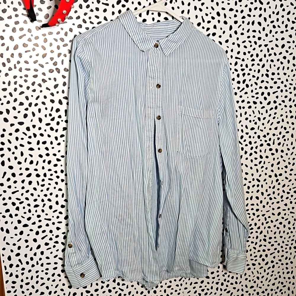 Blue and white stripe button up